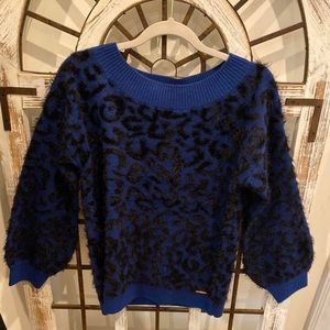 Blue soft fuzzy leopard sweater with puff sleeves